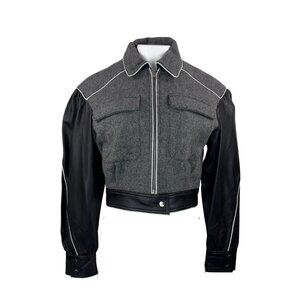 LAMARQUE Gray Wool Black Leather Bomber Biker Jacket Size Small NEW NWT